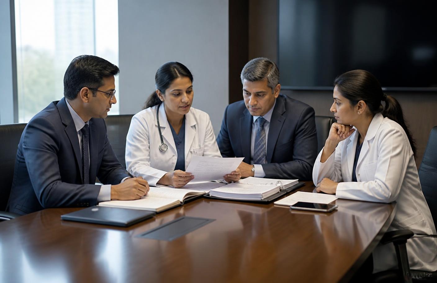 Indian hospital management team reviewing healthcare compliance documents in a boardroom