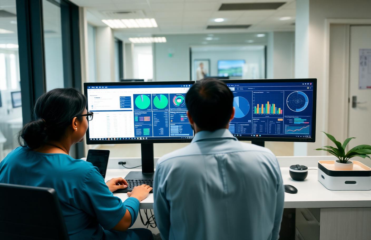 Two Indian hospital finance staff reviewing billing dashboards on dual monitors