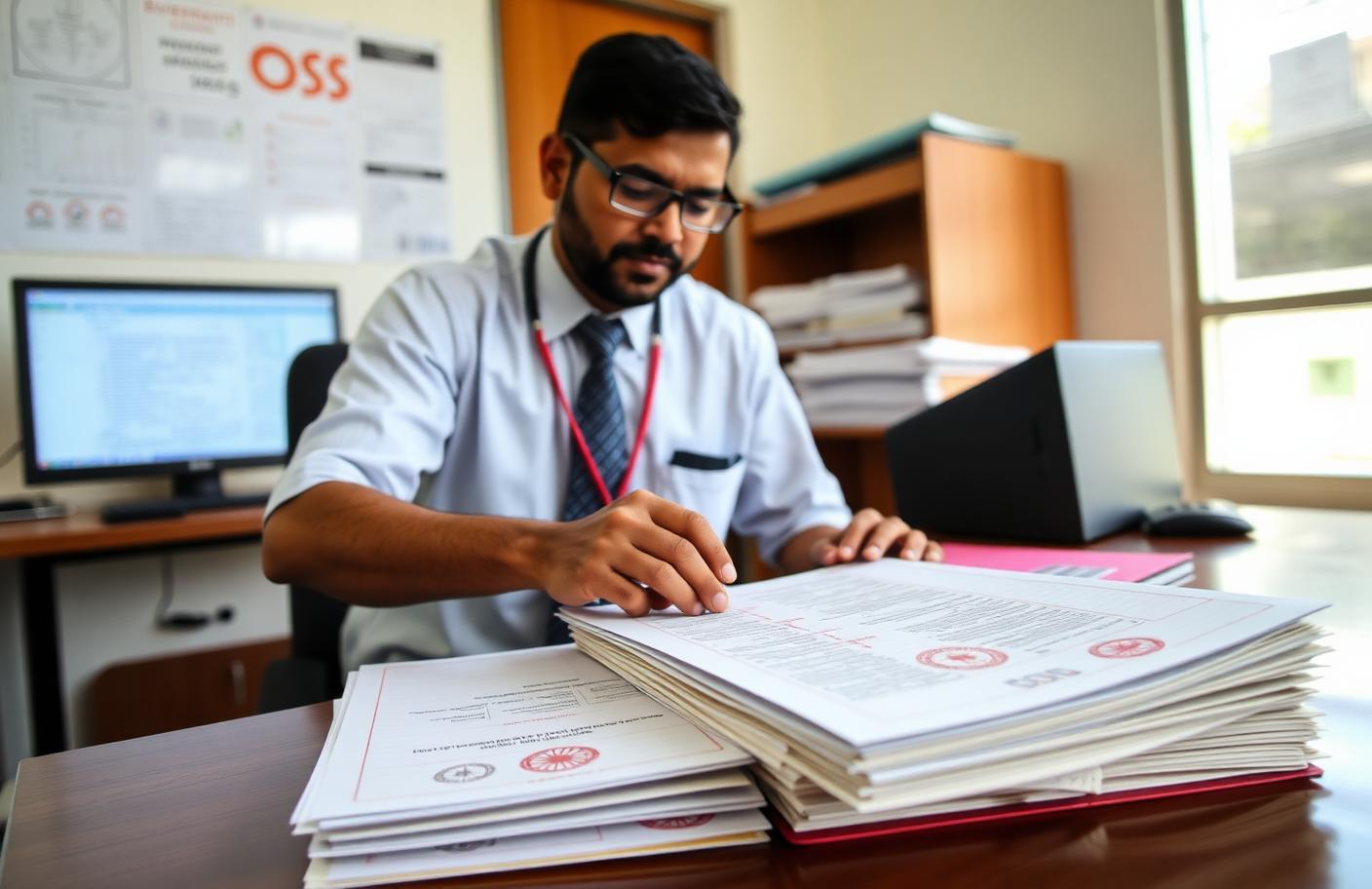 Indian hospital administrator organising stamped government scheme empanelment documents at a desk