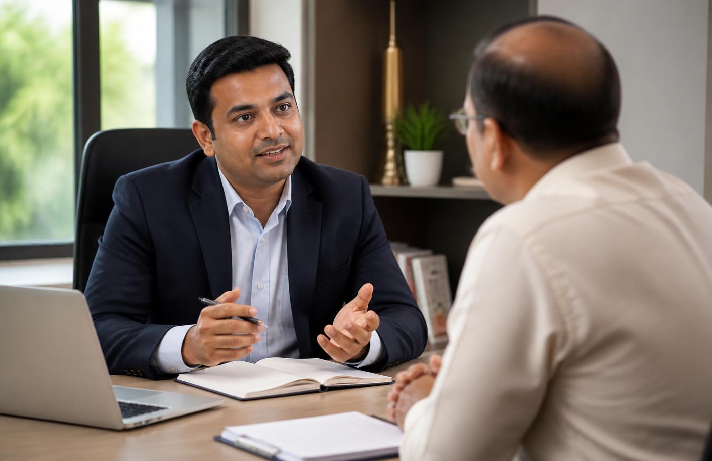 Healthcare consultant in discussion with a hospital owner during a consultation meeting in India