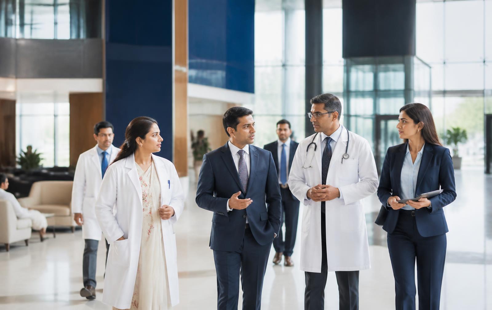 Indian hospital administrators and doctors discussing accreditation in a modern hospital lobby
