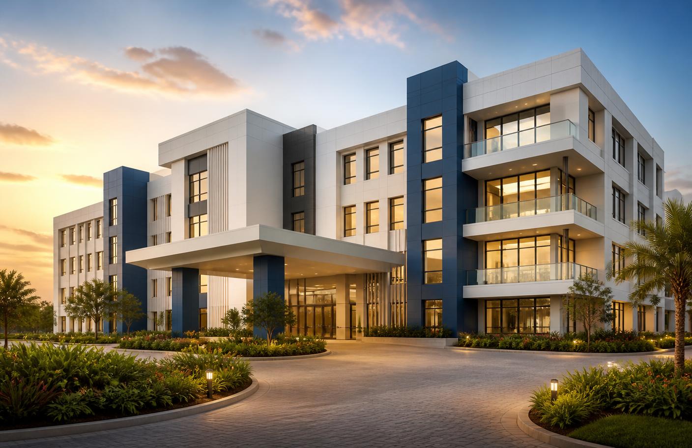 Modern Indian multi-speciality hospital building exterior at dusk