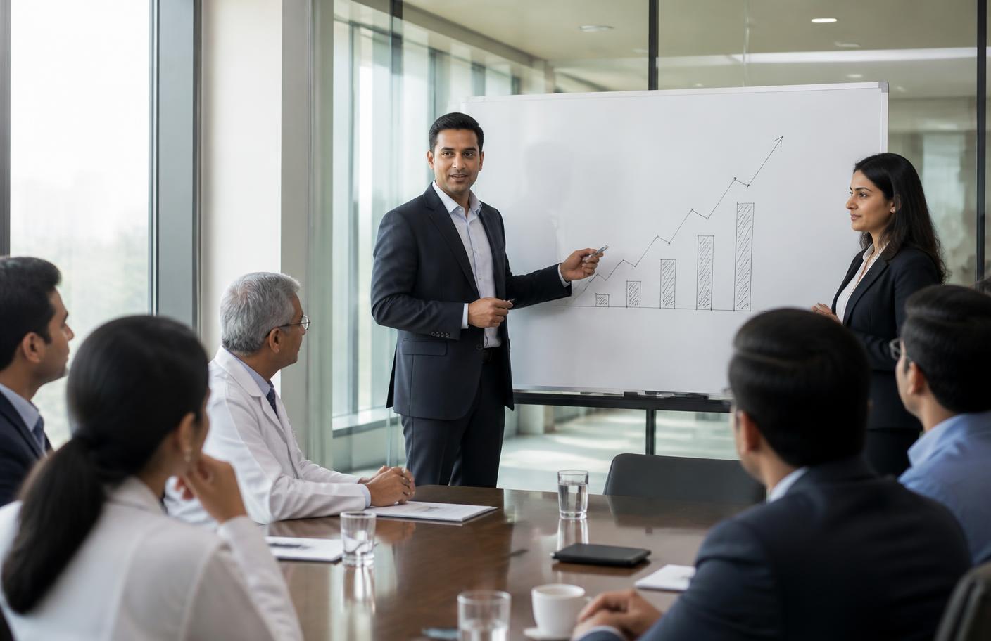 Indian healthcare business leaders presenting a hospital growth strategy in a conference room