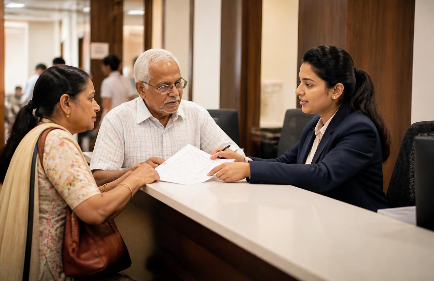 Indian hospital administrator assisting an elderly couple with government health scheme documentation at a hospital counter