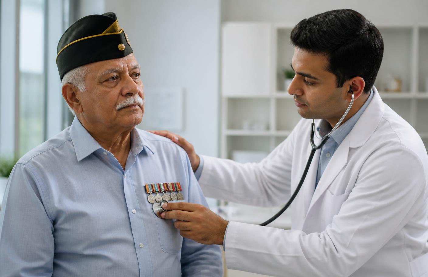 Indian doctor examining an elderly ex-serviceman veteran in a hospital consultation room