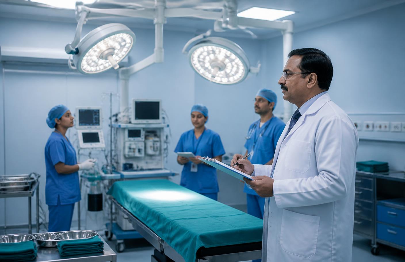 Senior Indian doctor conducting a quality audit of a hospital operating theatre with nursing staff