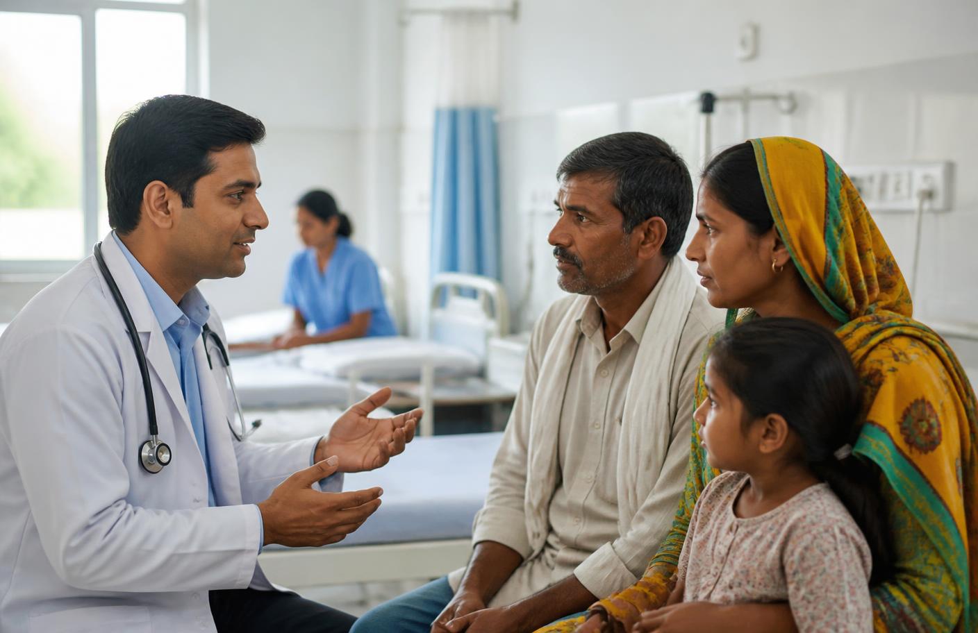 Indian doctor explaining treatment to a rural family in a public hospital ward