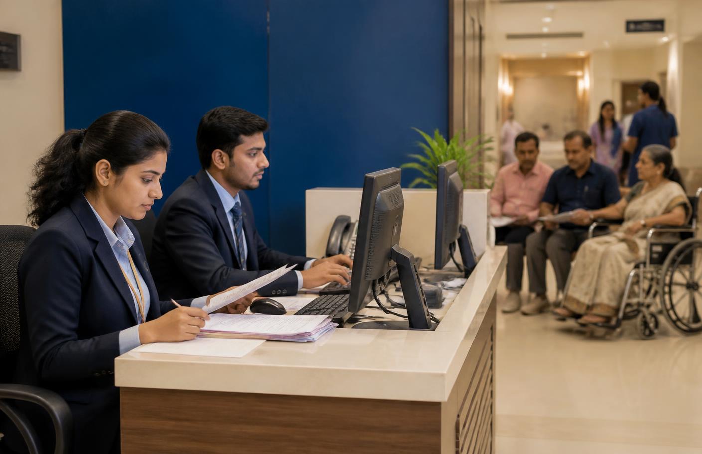 Indian hospital insurance and TPA help desk staff processing cashless claim paperwork